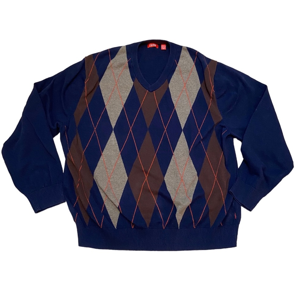 Izod Sweater Men’s XXL Blue Cotton Diamond Argyle V Neck Pullover